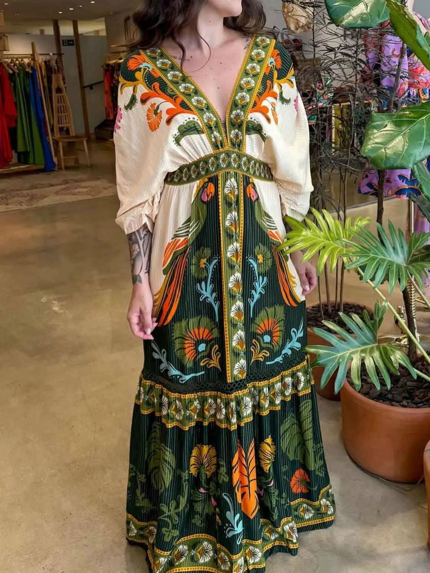 V-neck printed linen maxi dress