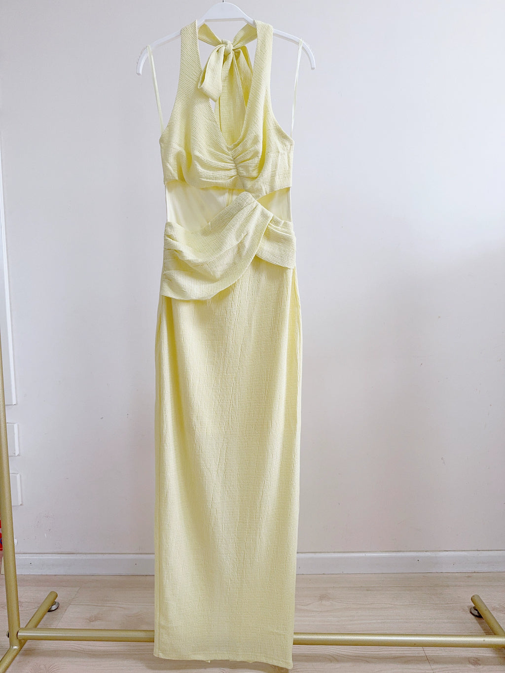 yellow hollow halterneck textured dress