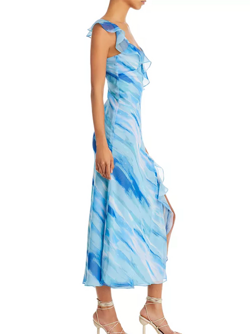 Blue Ocean V-Neck Ruffle Suspender Side Slit Dress