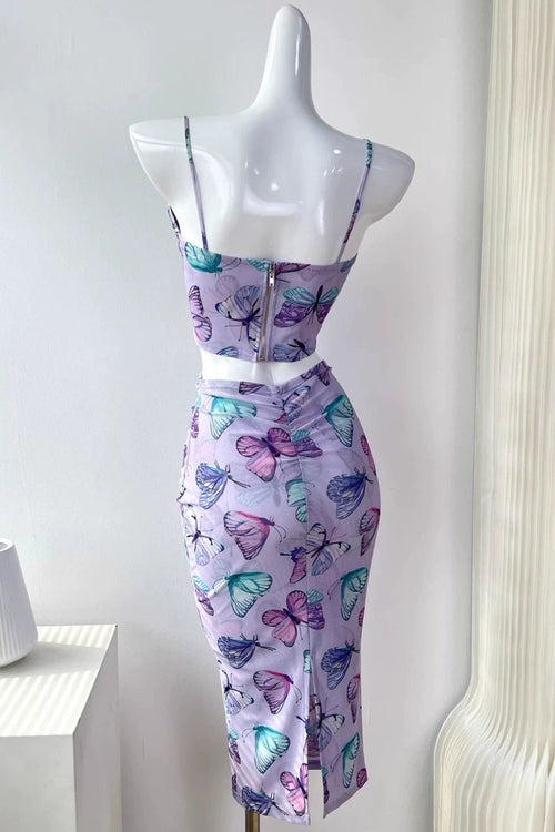 butterfly suspender mesh print fishbone skirt set