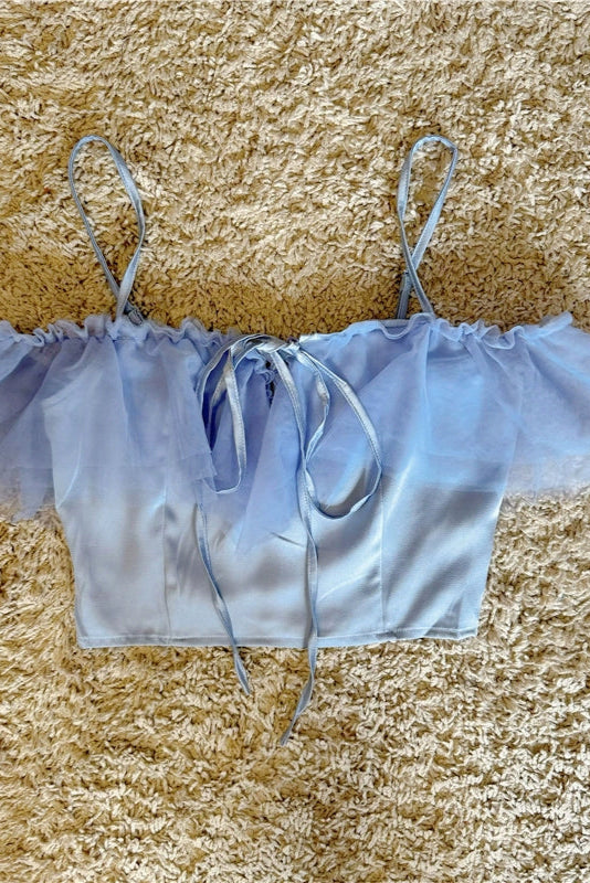 mesh splicing lace-up satin suspender top