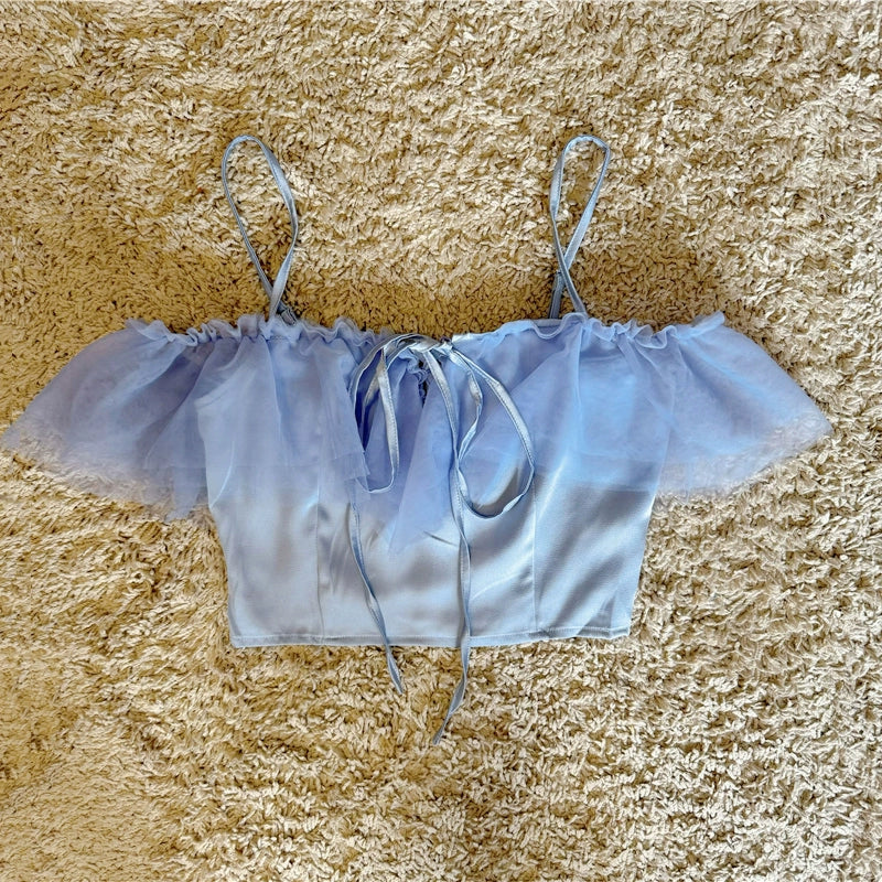 mesh splicing lace-up satin suspender top