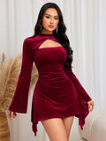 Burgundy long sleeve velvet mini dress