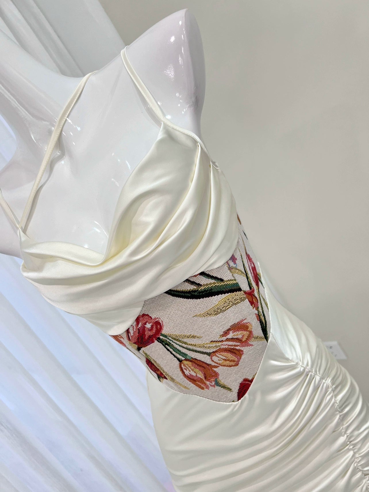 white print satin suspenders dress