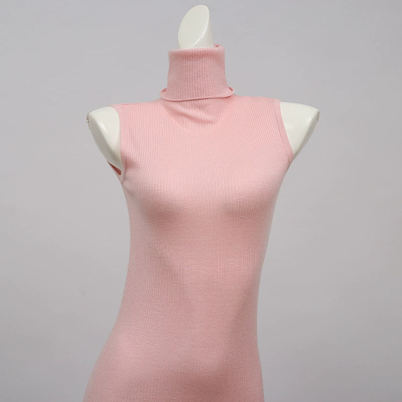 high-neck sleeveless knitted dress