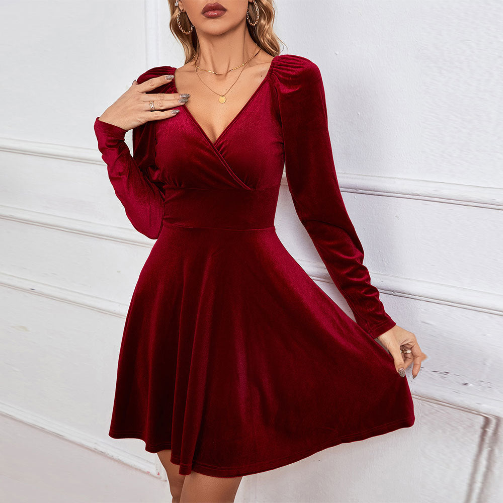 red V-neck fitted waist velvet A-line dress