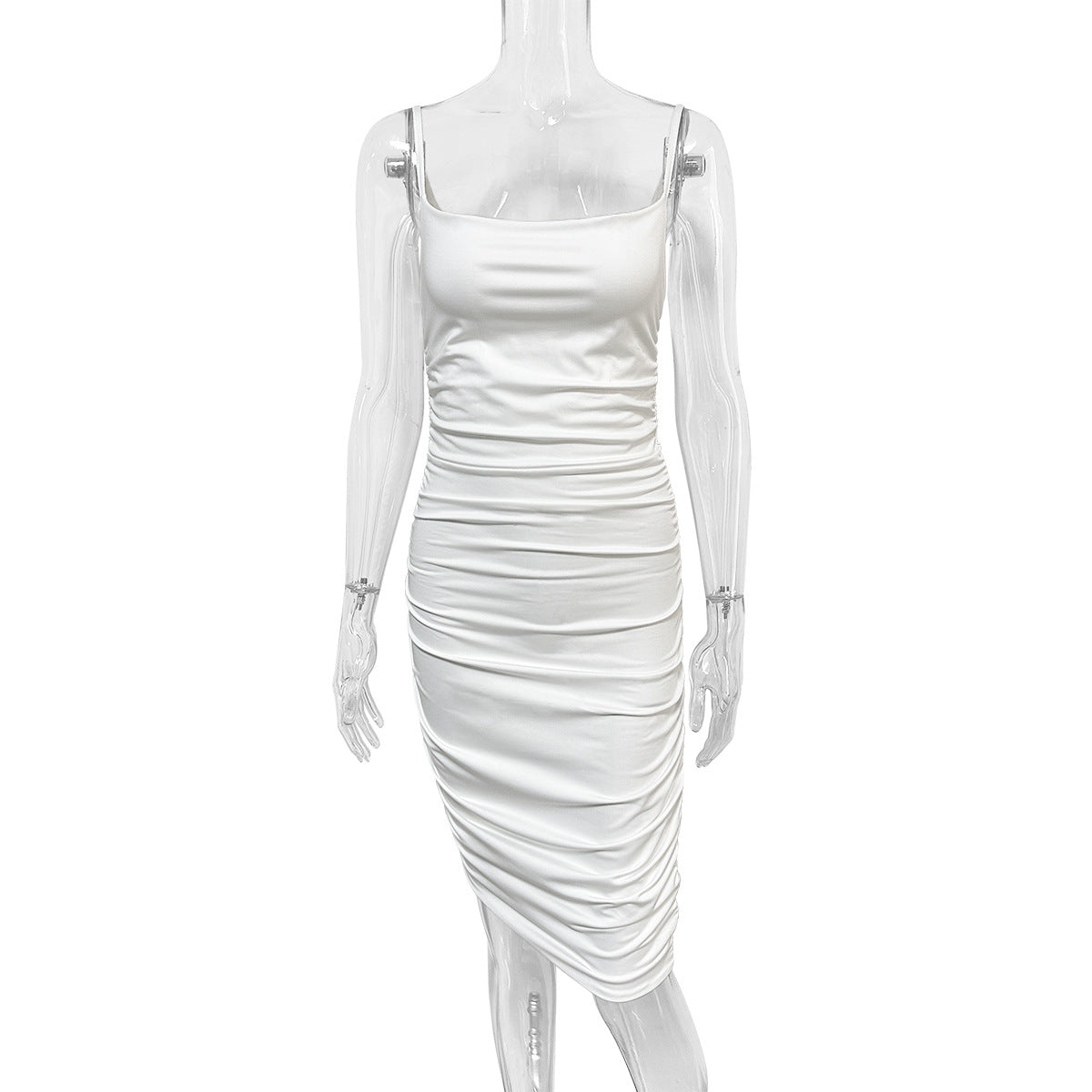 white Spaghetti strap pleated bodycon backless dress