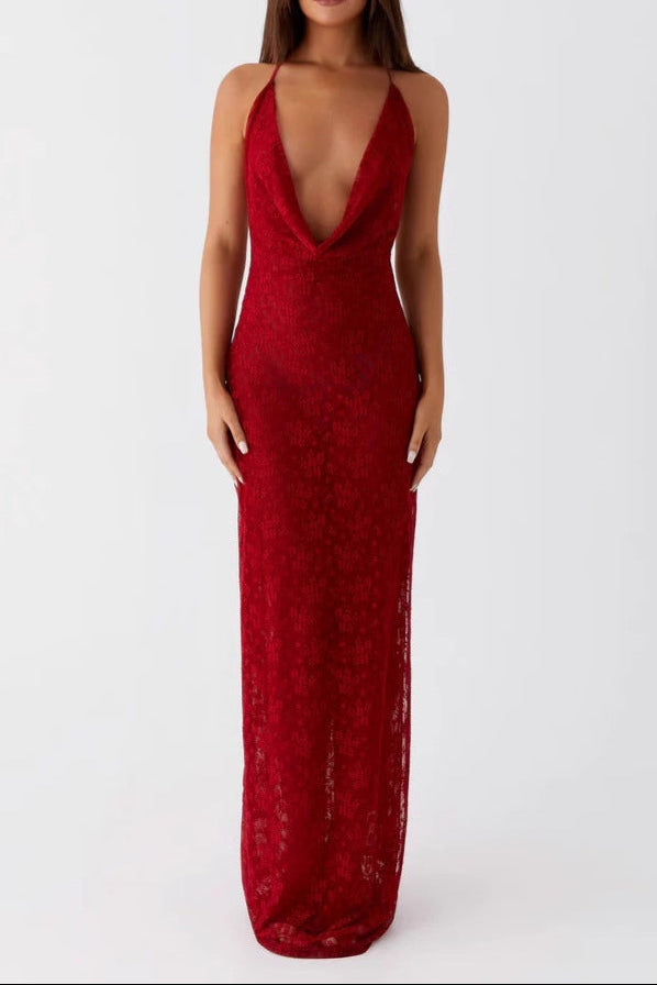 carlin red Lace-up backless slip dress