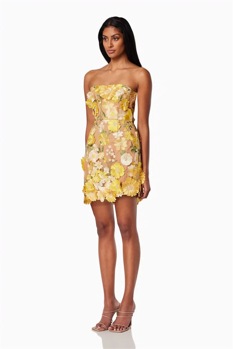 Yellow Floral Strapless Mini Dress - Summer Party Dress