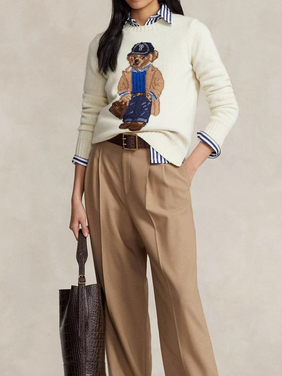 bear embroidered knitted sweater in ivory