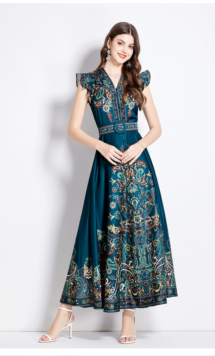 Printed V-neck lantern sleeve single-breasted dress