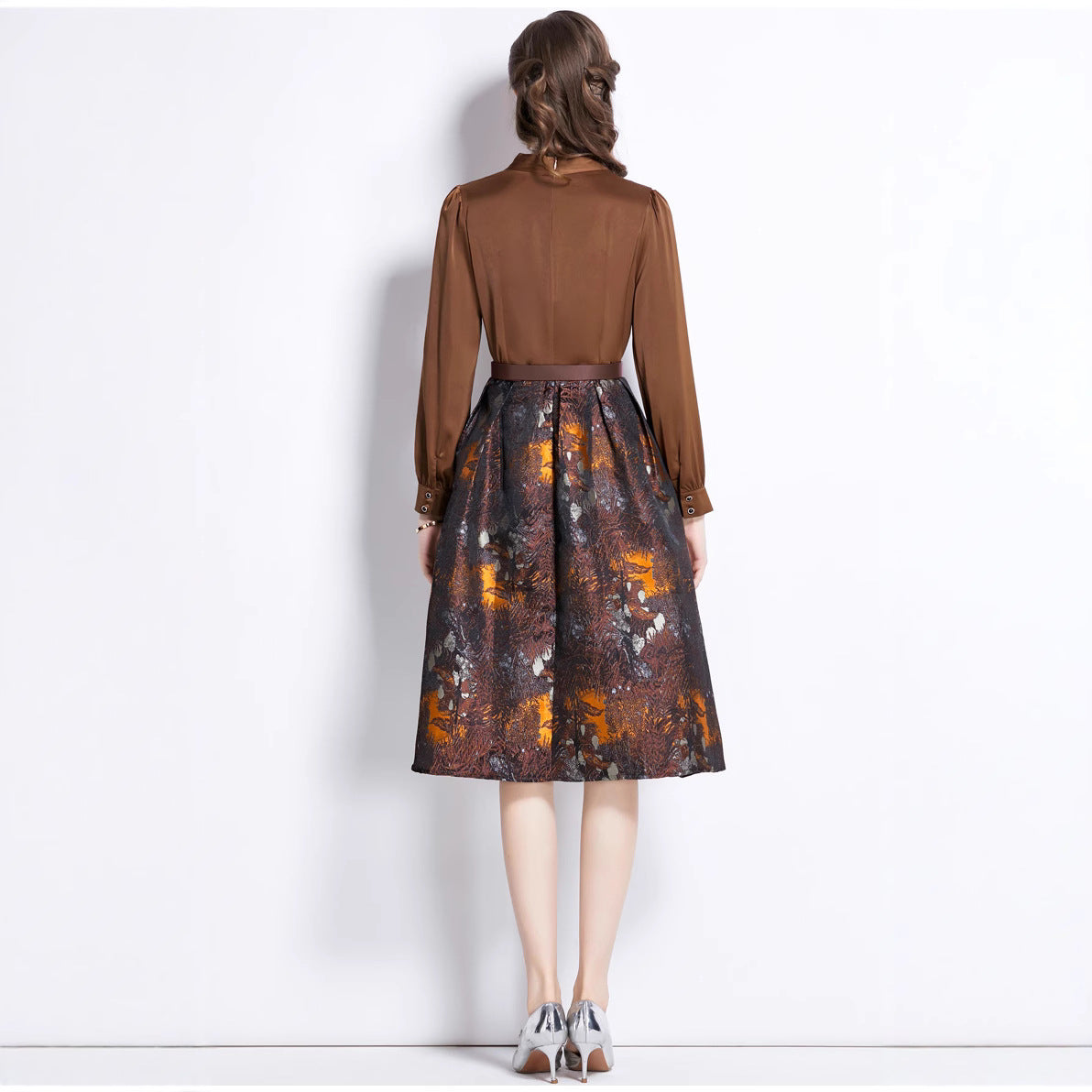 Deep V-neck patchwork jacquard puffy maxi dress