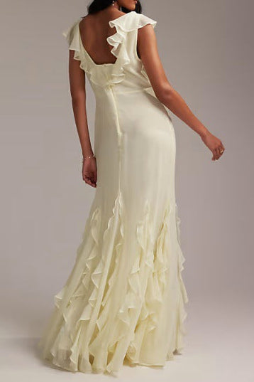 light yellow splicing ruffled maxi dress