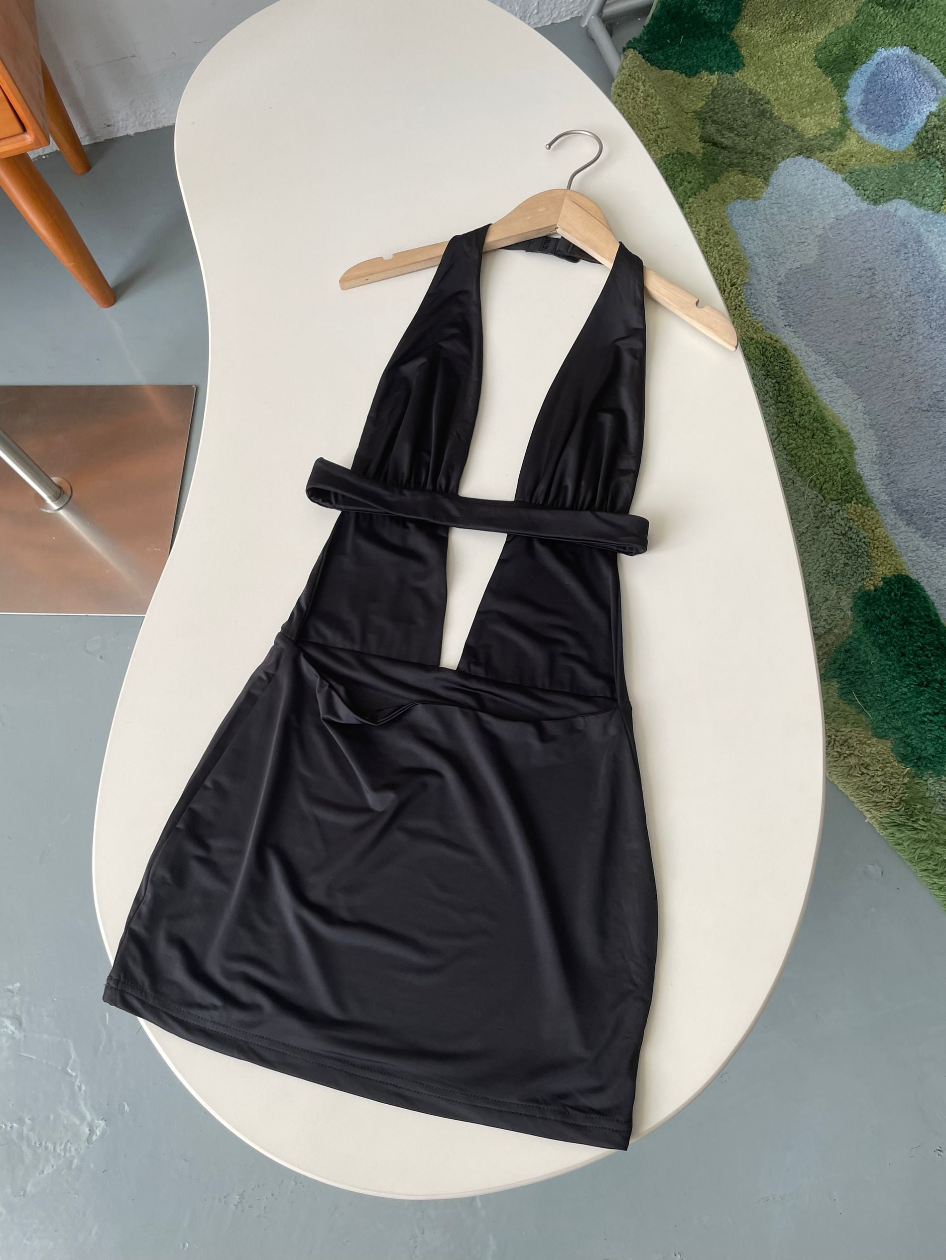 black halterneck open back mini dress