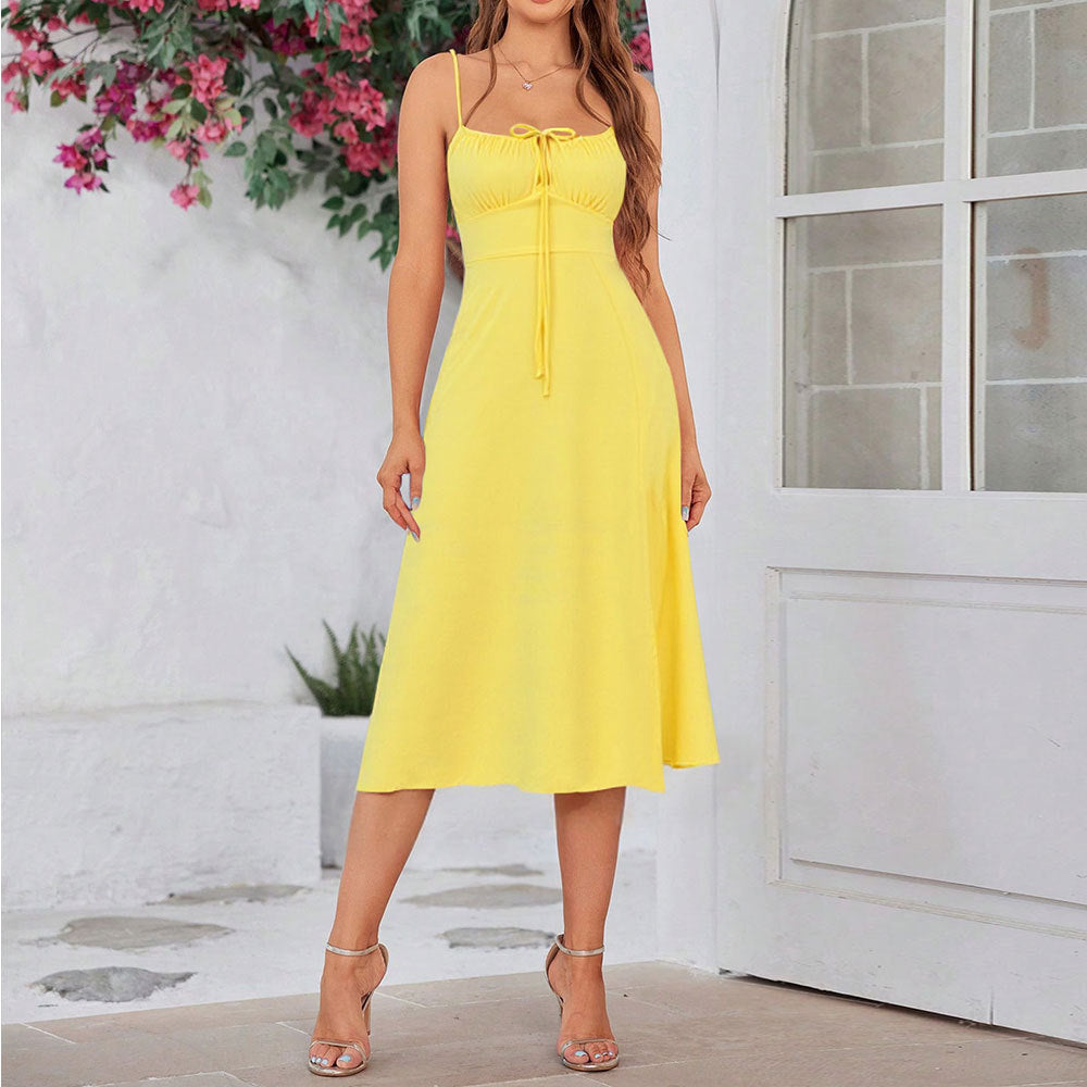 kay yellow High-waisted slit halter maxi dress