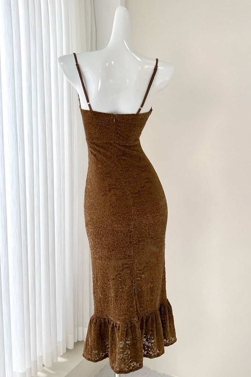 slit lace fishtail hip suspender midi dress