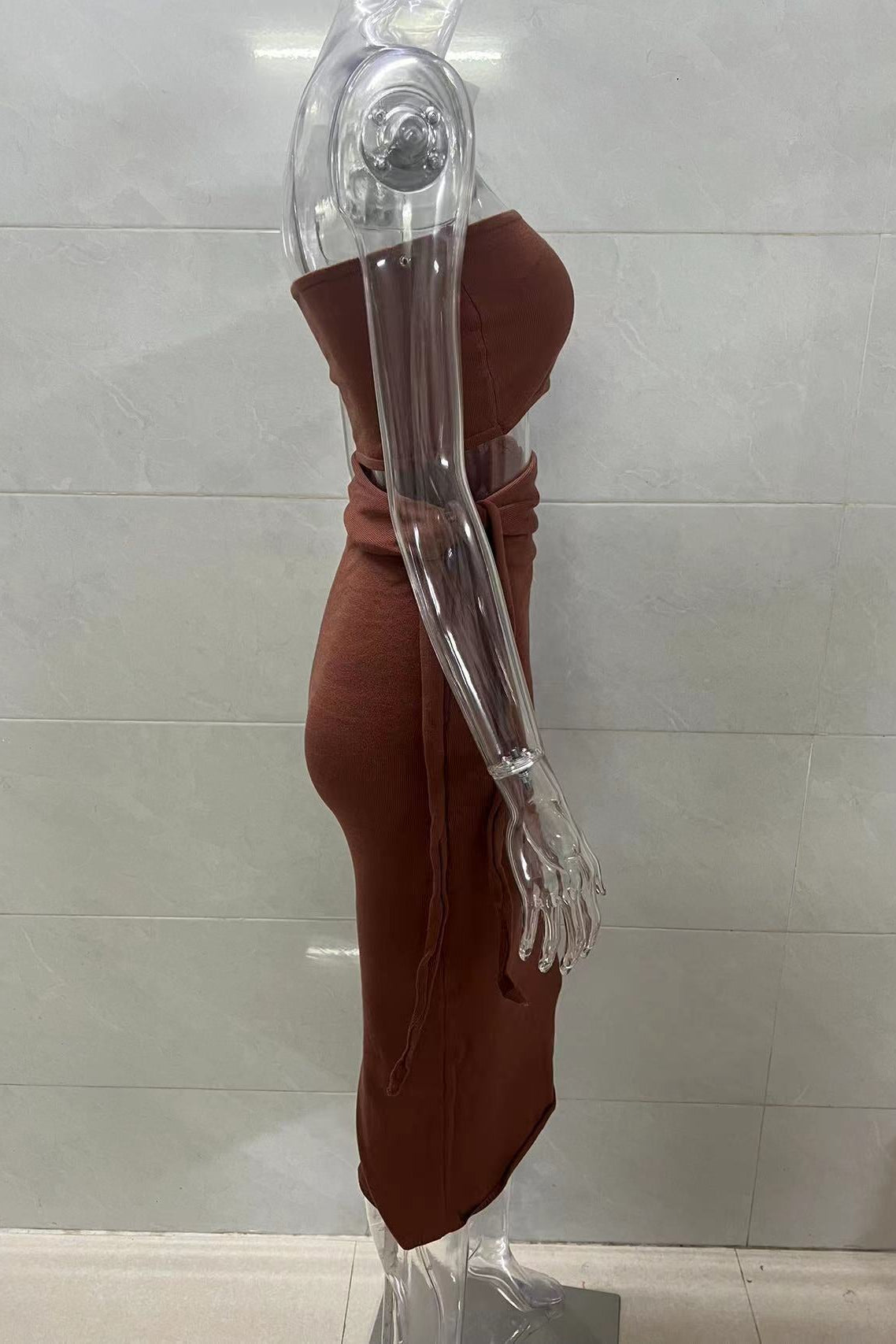 brown cut-out backless bandeau lace-up knitted dress