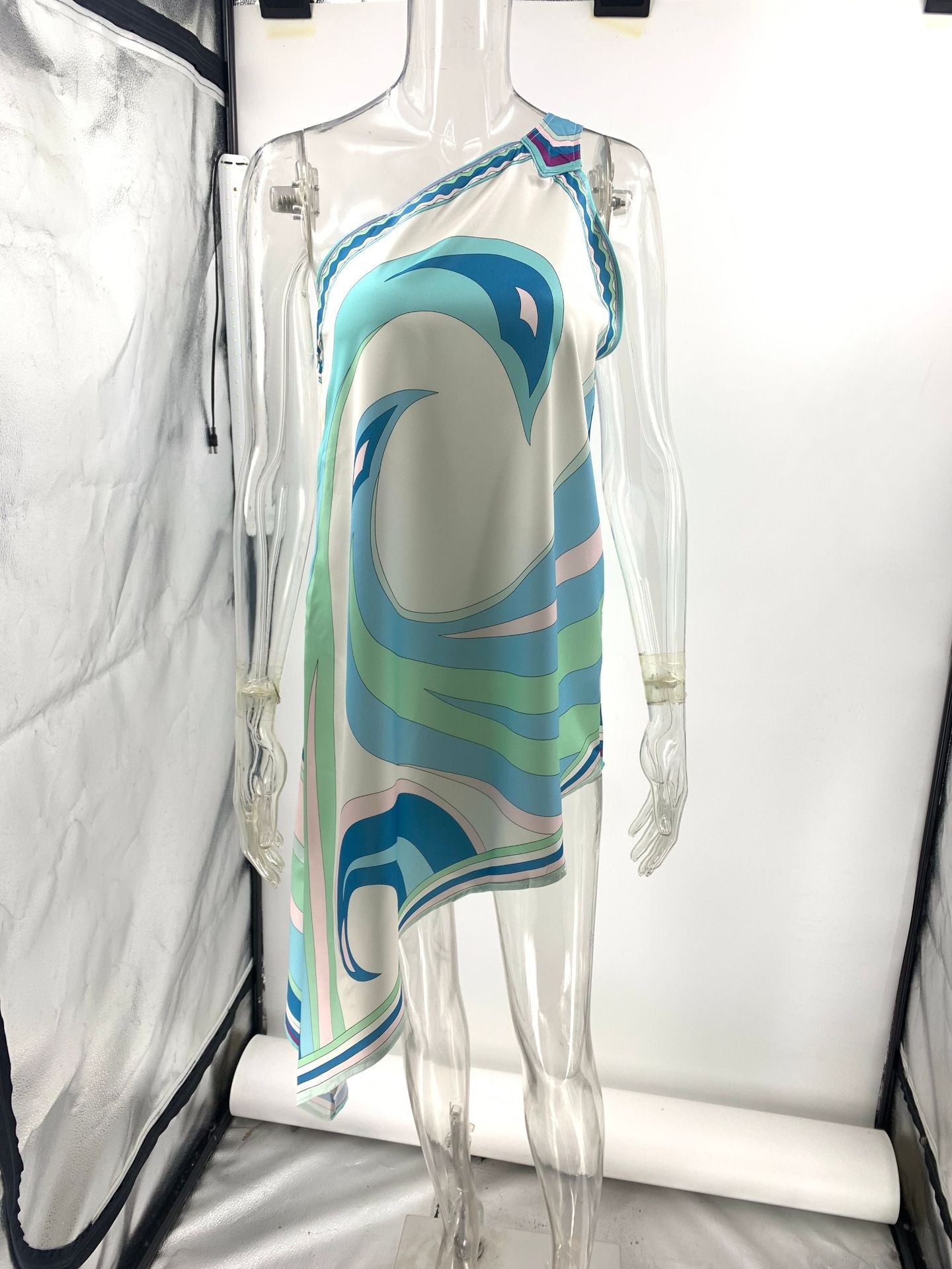 Printed Satin One-Shoulder Irregular Dress