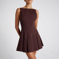 Brown halter-neck backless pleated mini dress