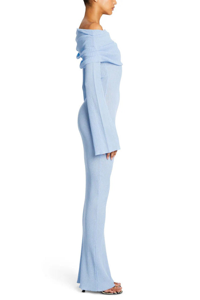 blue Long-sleeved off-the-shoulder pleated knit dress