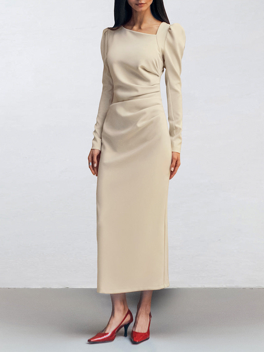 Irregular neckline puff sleeve bodycon slit dress