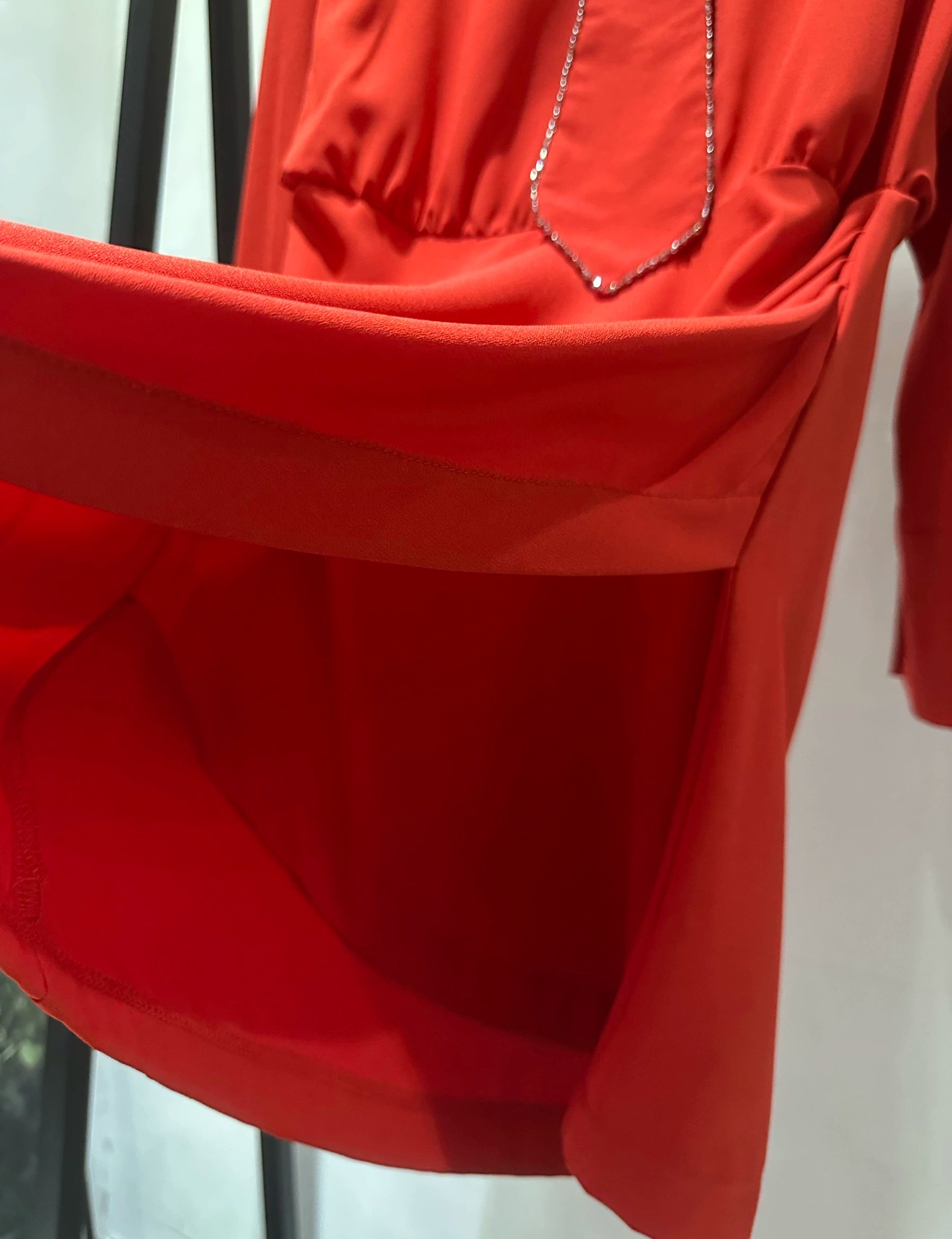 red beaded tie hip wrap long sleeve mini dress