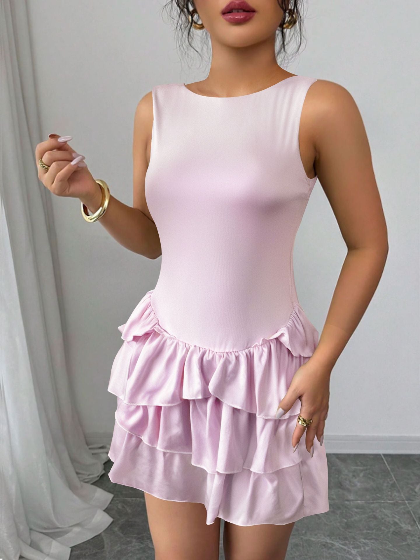 pink Sleeveless round neck tie-up mini dress