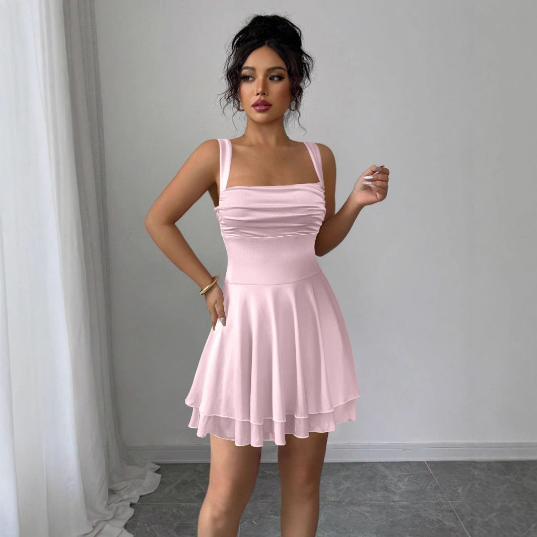 pink Square neck sleeveless suspender mini dress