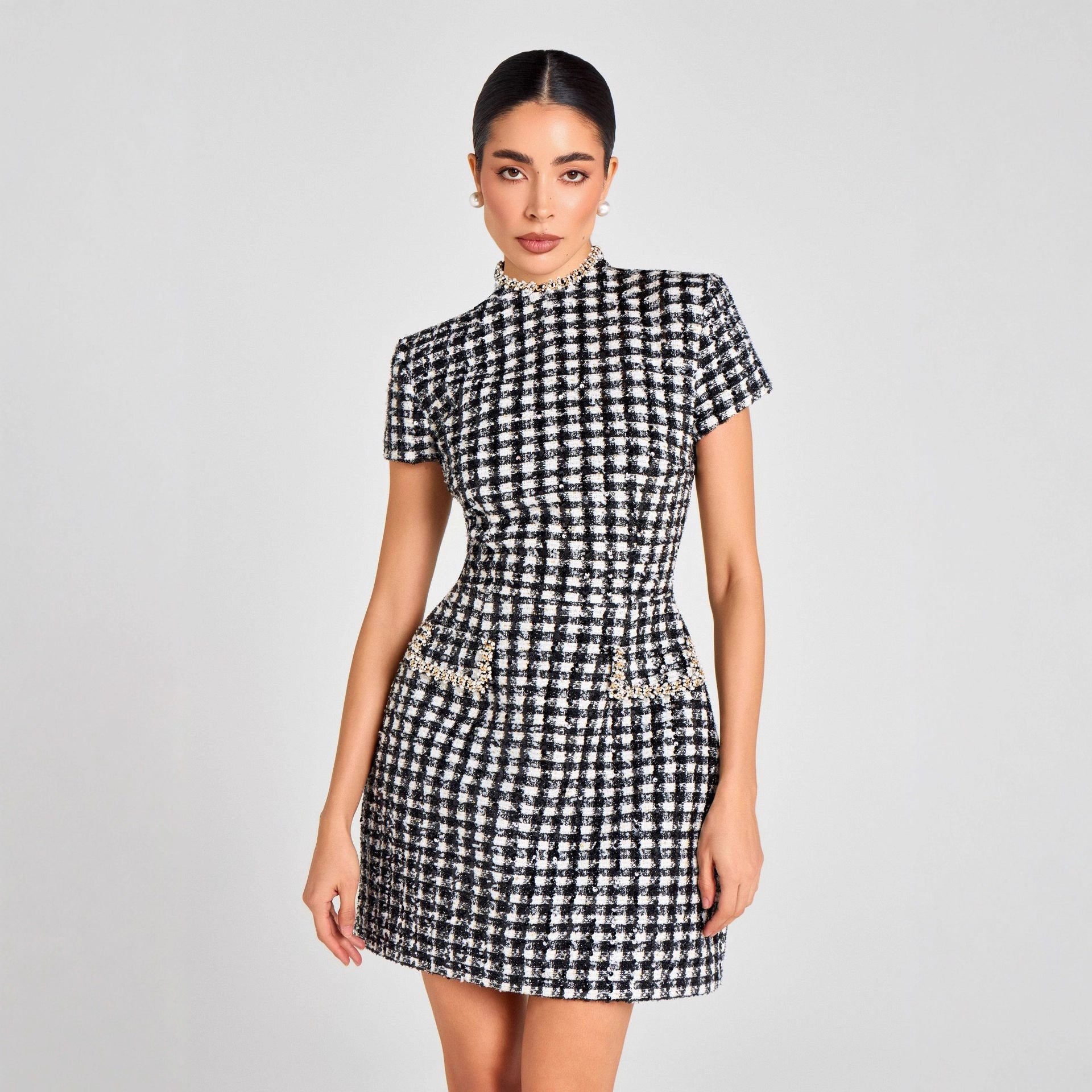 black round neck nail bead plaid mini dress