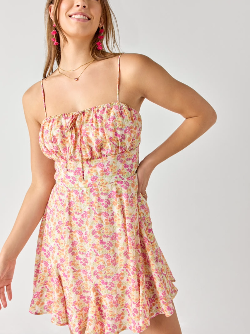 floral bow lace-up pleated camisole dress
