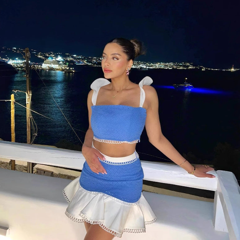 Ruffled camisole top and skirt set - white / Blue