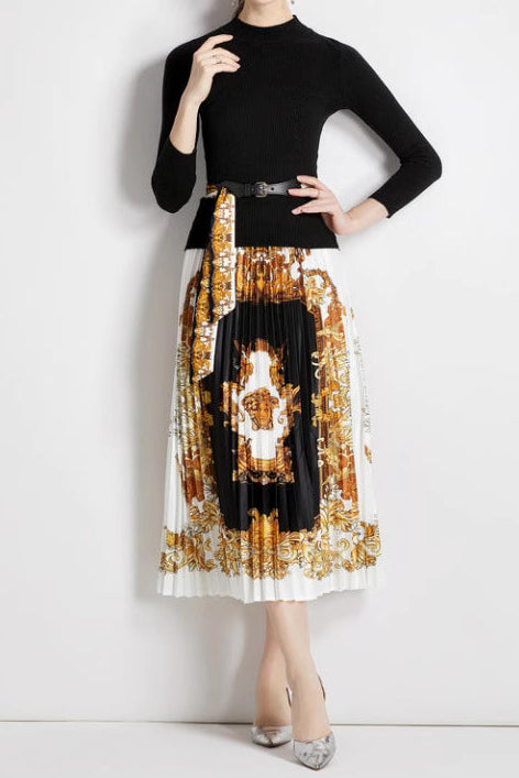 Two-piece knit top and printed pleated skirt set
