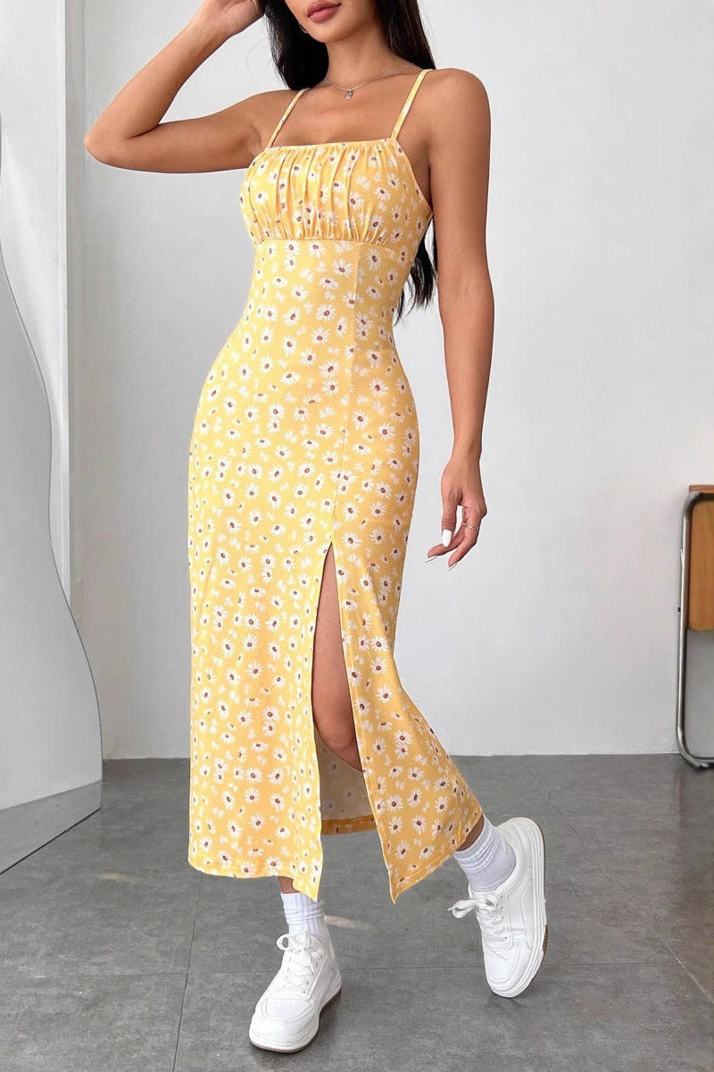 yellow Strapless bralette slit floral print midi dress