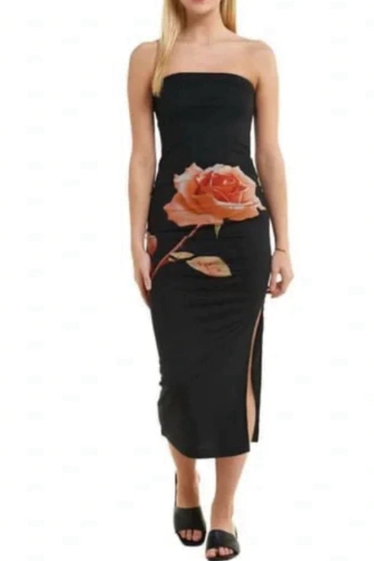 Mesh Print Slit Strapless Stretch Dress