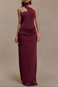 red bandeau sloping shoulder maxi dress