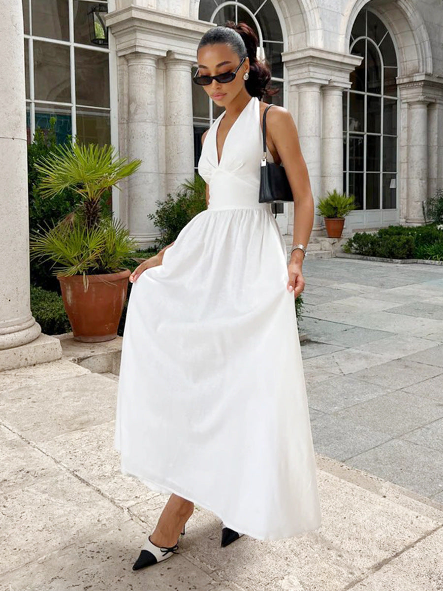 white Deep V-neck halter neck tie backless dress