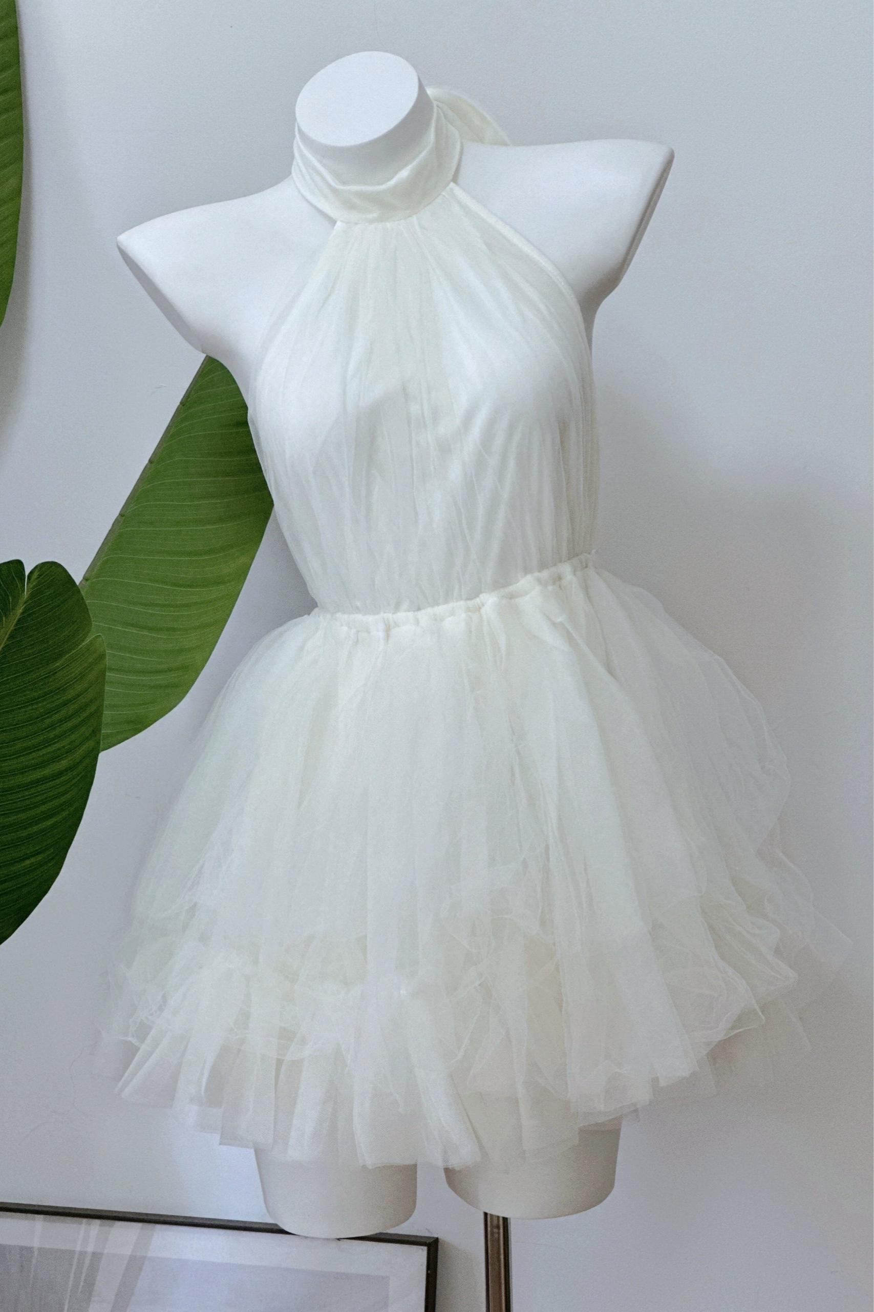 White Mesh Halter Neck Mini Dress