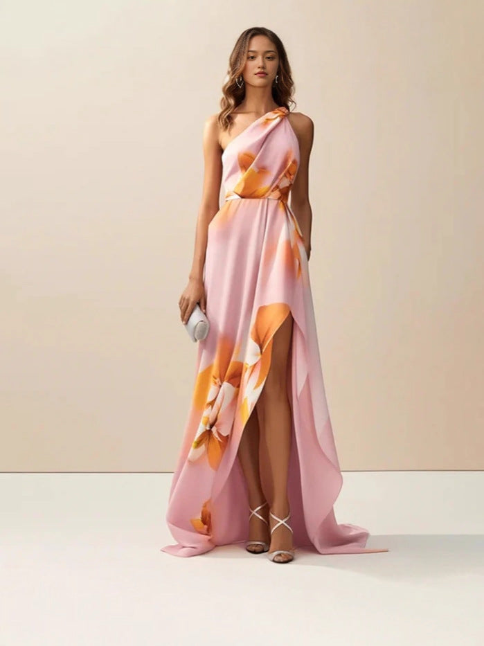 pink print hip hugging step maxi dress