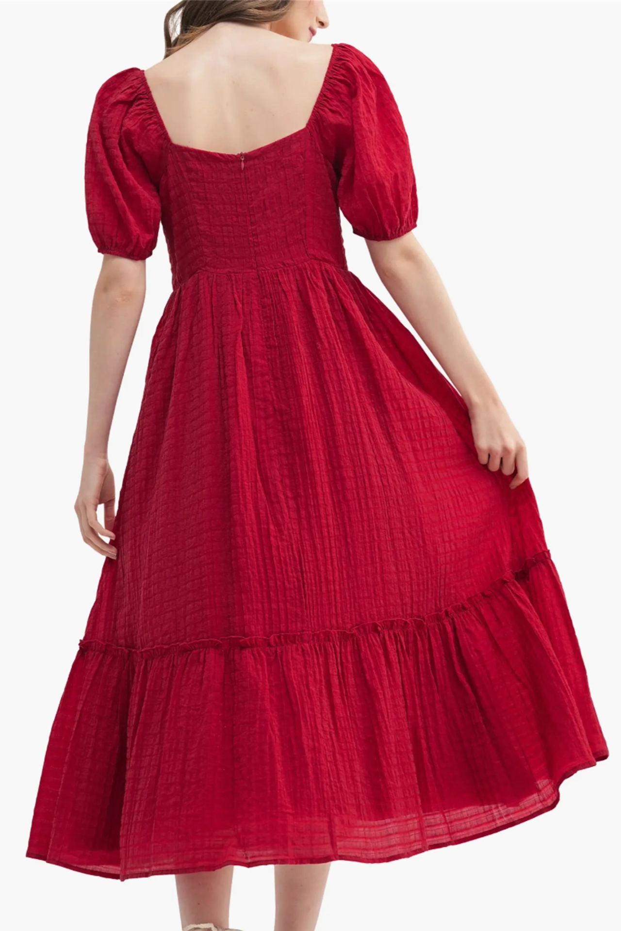 red bow square neck puff sleeve dress