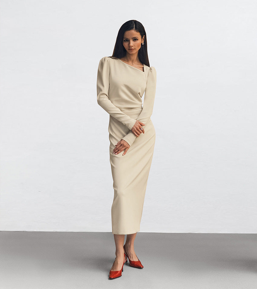 Irregular neckline puff sleeve bodycon slit dress