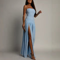 blue Off-the-Shoulder Bandeau High Slit Dress