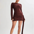 brown backless long sleeve knitted mini dress