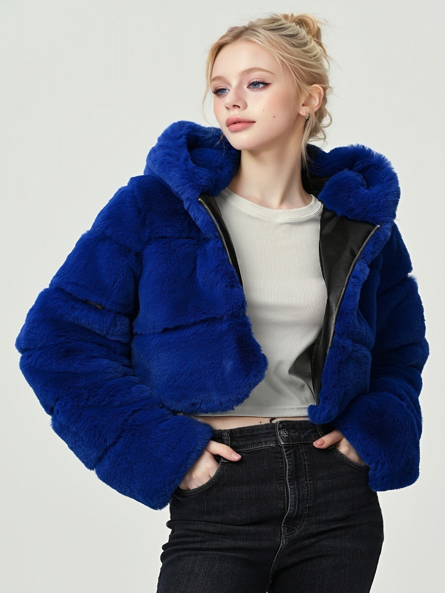 hooded imitation rabbit fur long sleeve spliced jacket