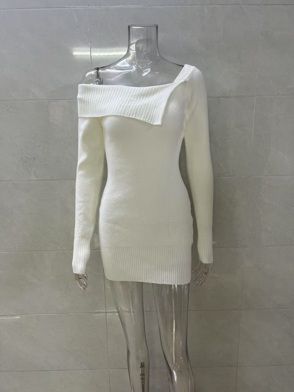 white off-the-shoulder long-sleeved knitted dress