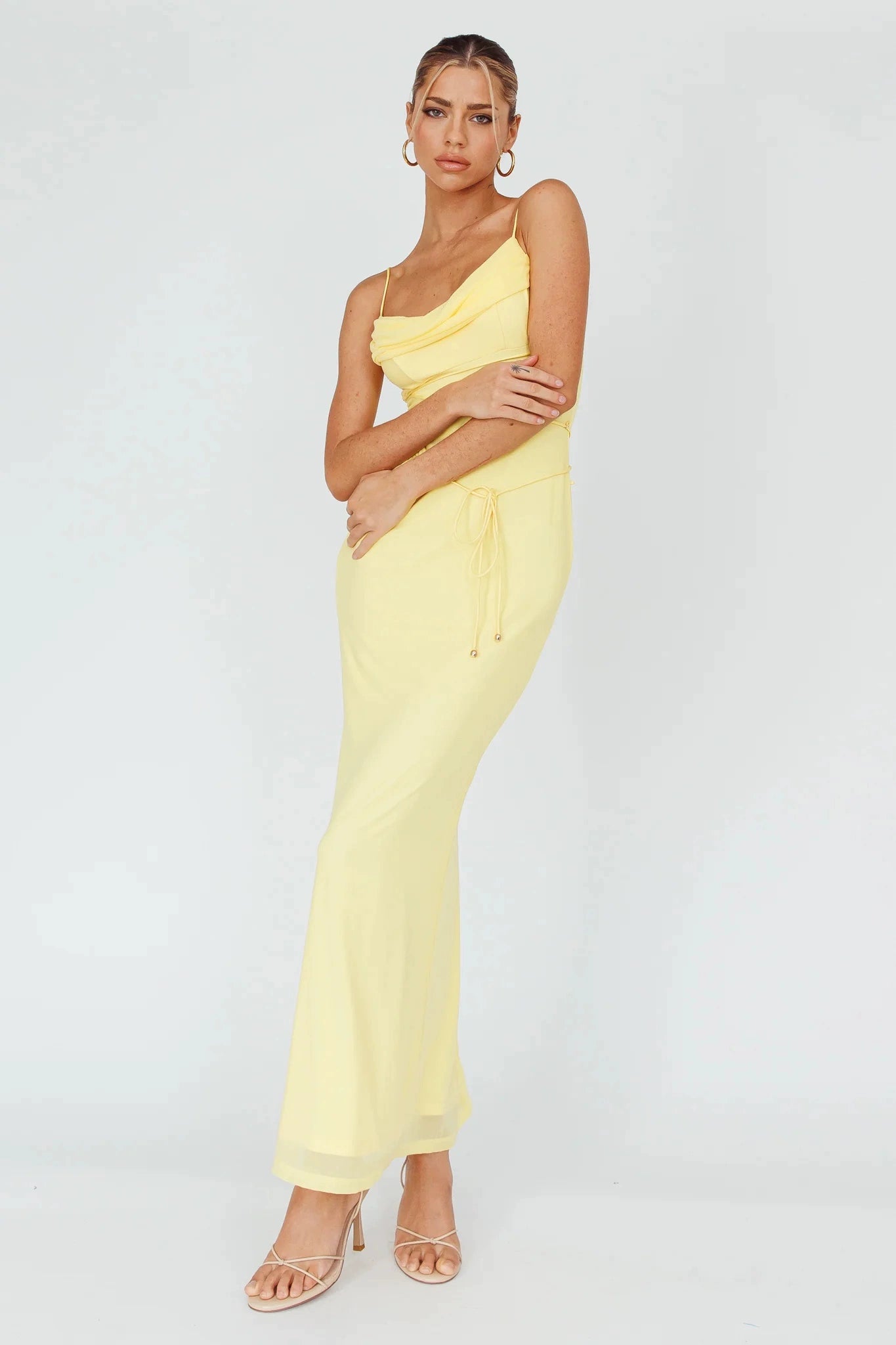 yellow mesh cross-strap suspender midi dress