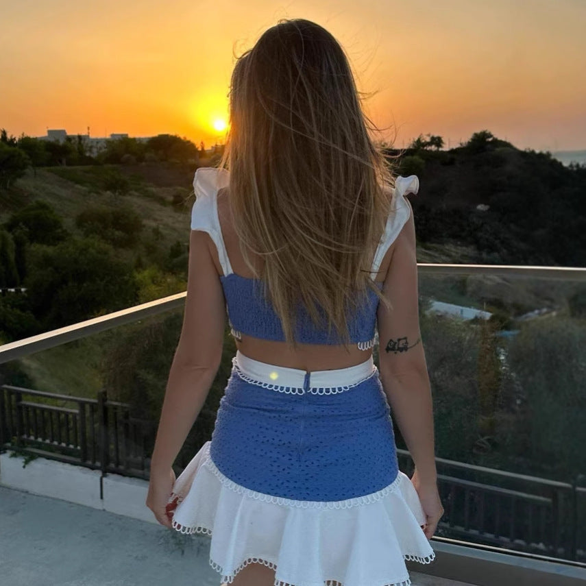 Ruffled camisole top and skirt set - white / Blue