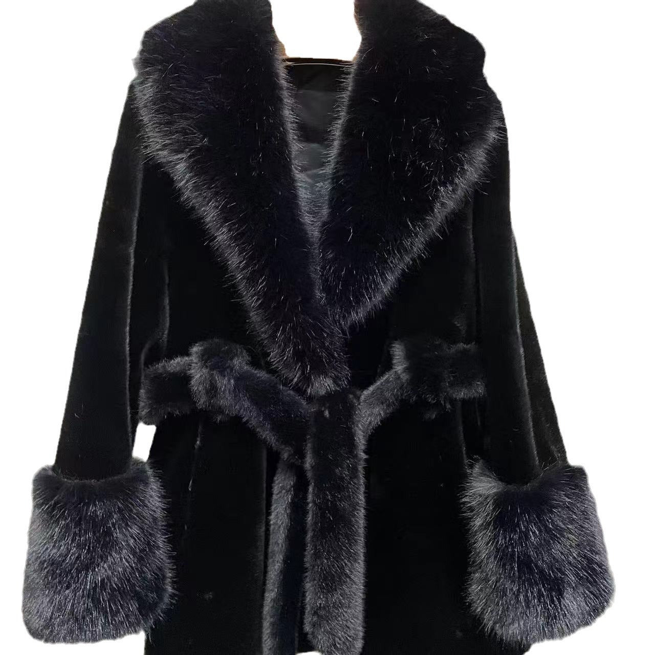 Big Fur Collar Long Mink Faux Fox Coat