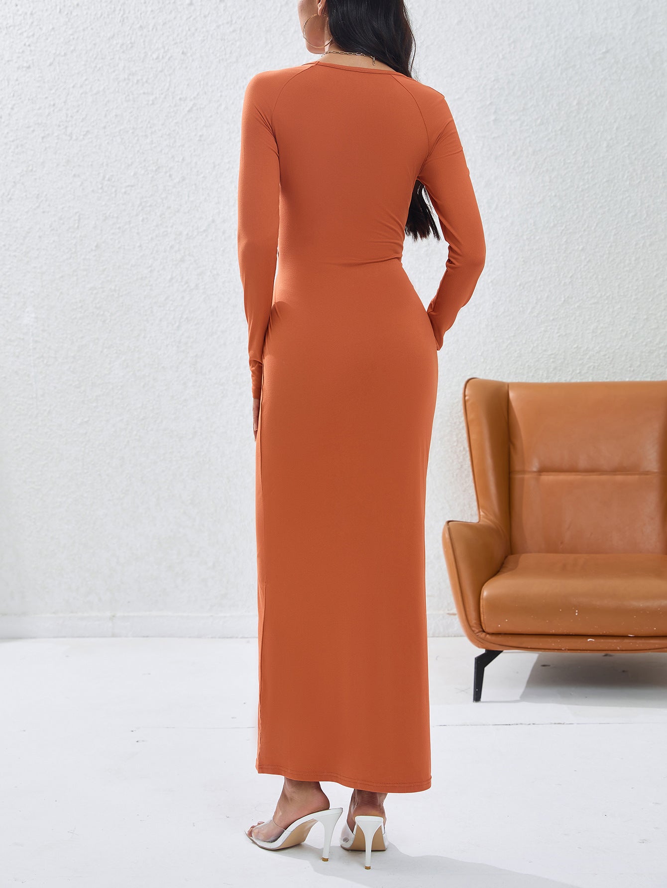 Round neck long sleeve A-line maxi dress