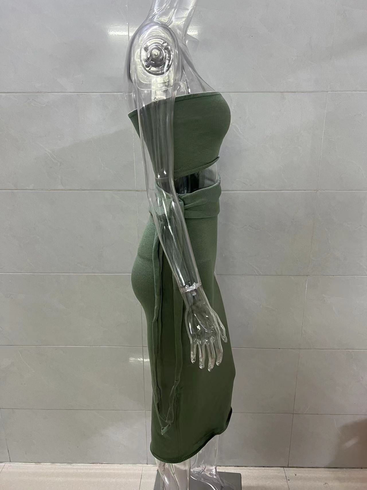 green cut-out backless bandeau lace-up knitted dress