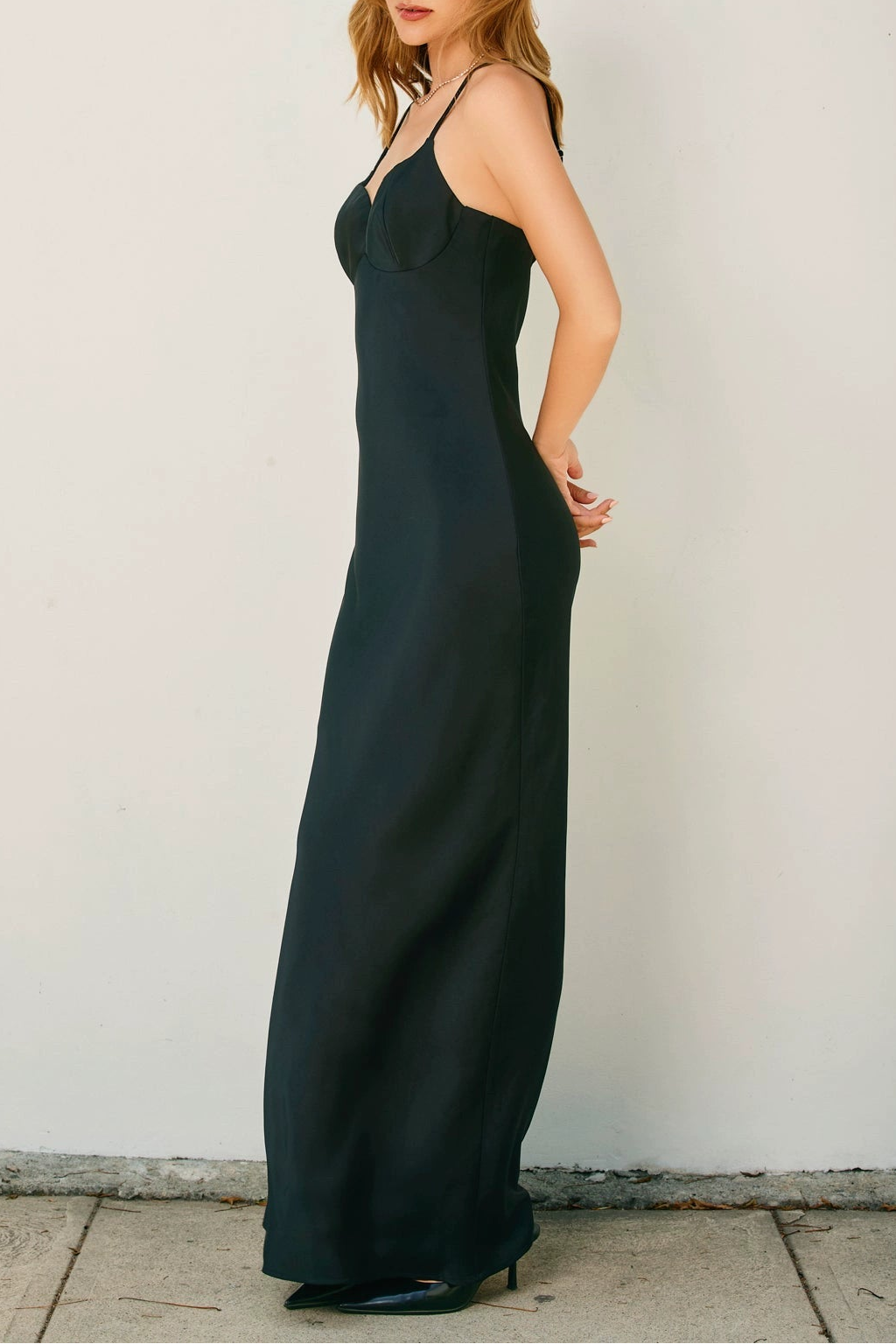 black satin slip maxi dress
